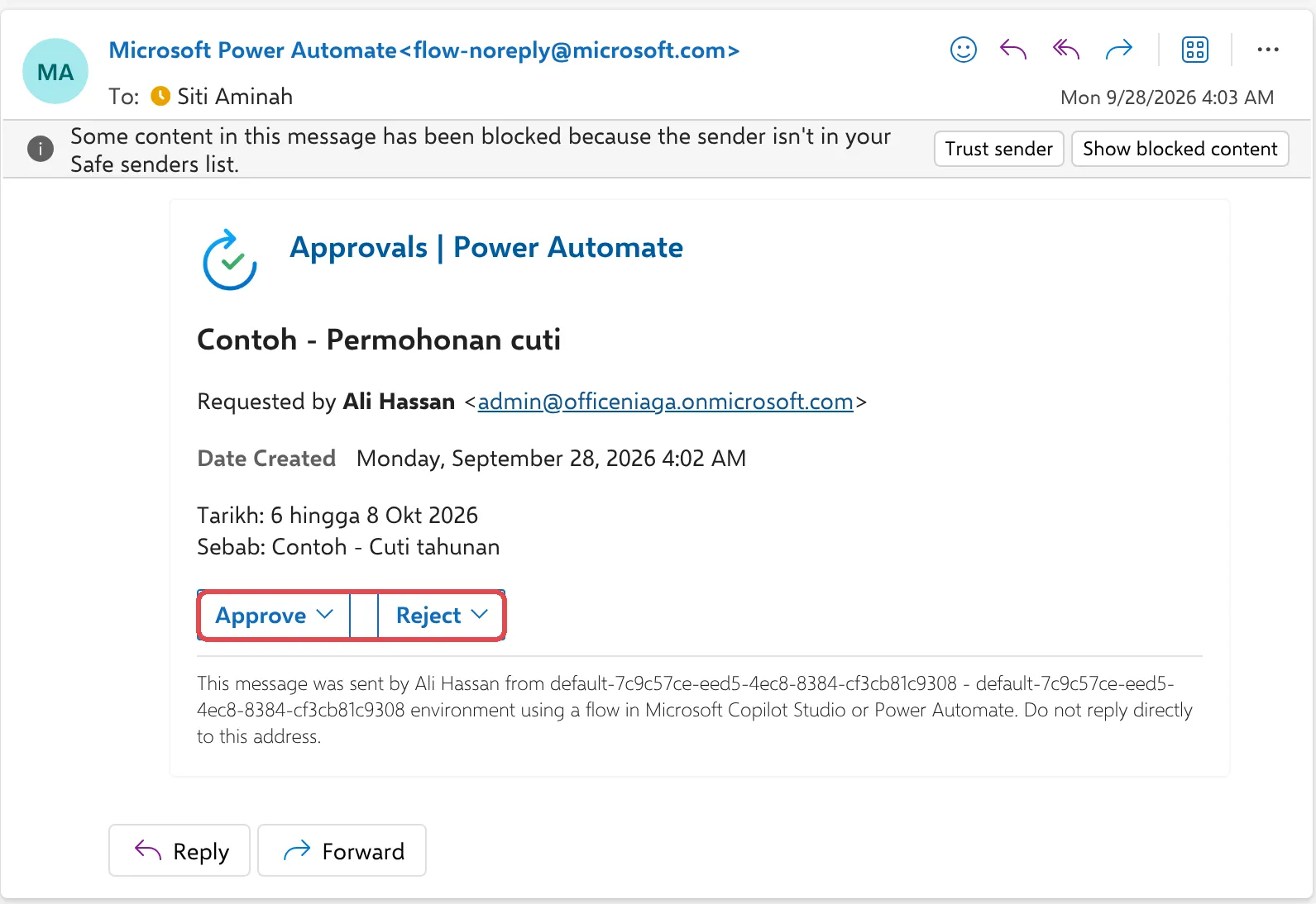 Approval email in Outlook showing Contoh - Permohonan cuti requested by Ali Hassan, the leave dates and reason, with Approve and Reject highlighted