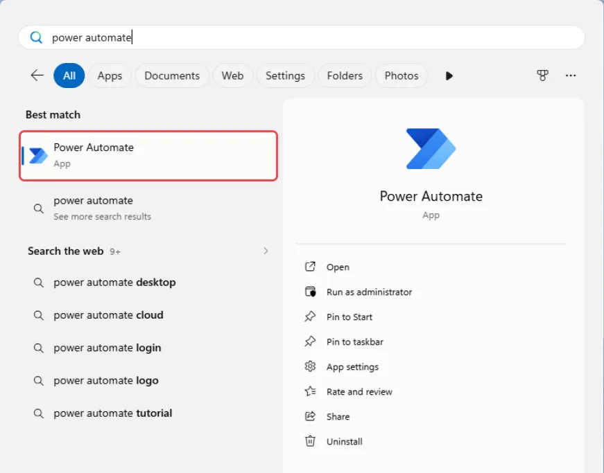 Windows search results with the Power Automate app highlighted under Best match