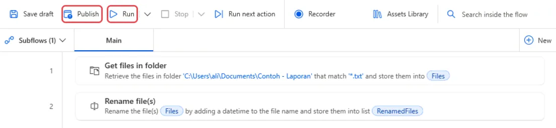 Flow designer with the two actions, and the Publish and Run buttons highlighted in the toolbar