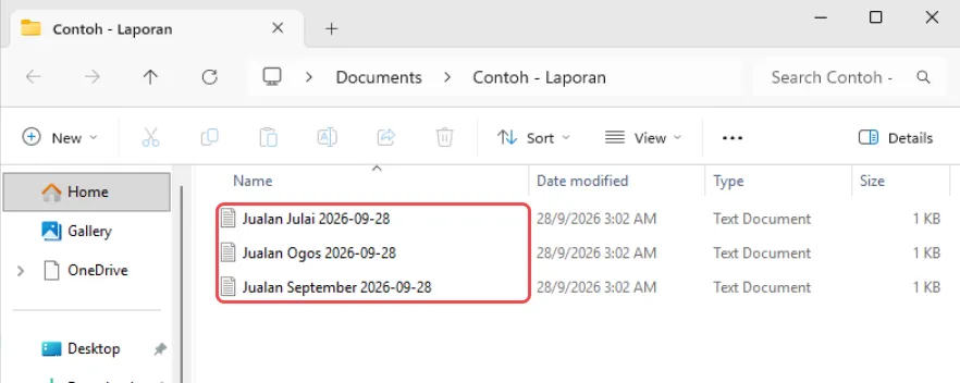 File Explorer showing Jualan Julai, Jualan Ogos and Jualan September, each with 2026-09-28 added to the name