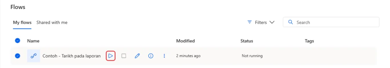 My flows list with the Contoh - Tarikh pada laporan flow and its Run button highlighted