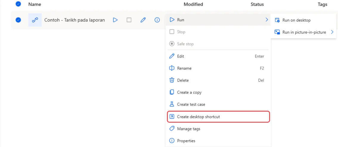 More menu for a flow with Create desktop shortcut highlighted, and Run, Edit, Rename and Delete above it