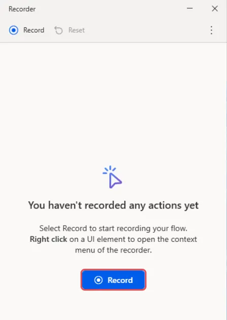 Recorder window with You haven’t recorded any actions yet and the Record button highlighted