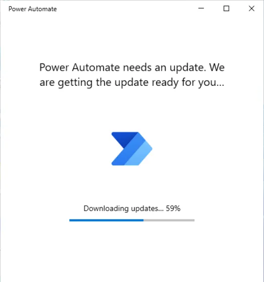 Power Automate window showing Downloading updates at 59 percent