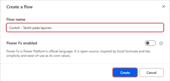 Create a flow box with a name typed in Flow name and the Create button highlighted