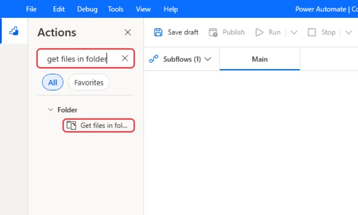 Actions pane with get files in folder typed in the search box and the Get files in folder action highlighted