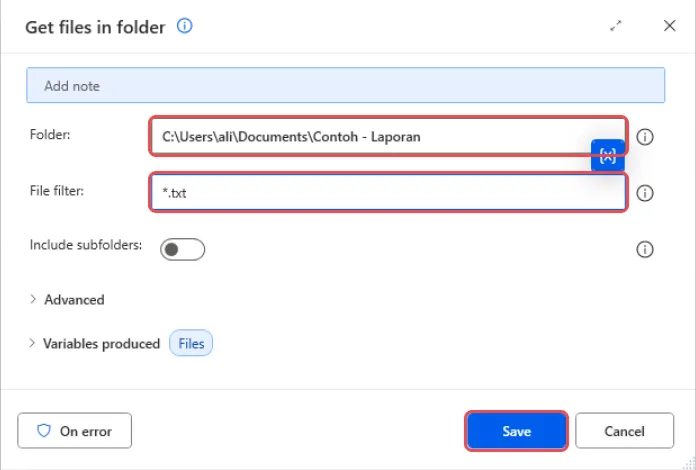 Get files in folder box with the folder path, the file filter *.txt and the Save button highlighted