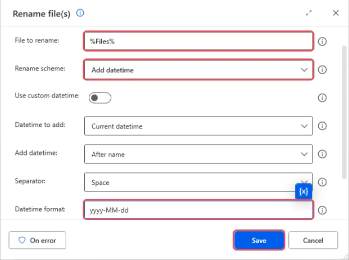 Rename file(s) box with %Files% in File to rename, Add datetime as the Rename scheme, yyyy-MM-dd as the Datetime format, and the Save button highlighted
