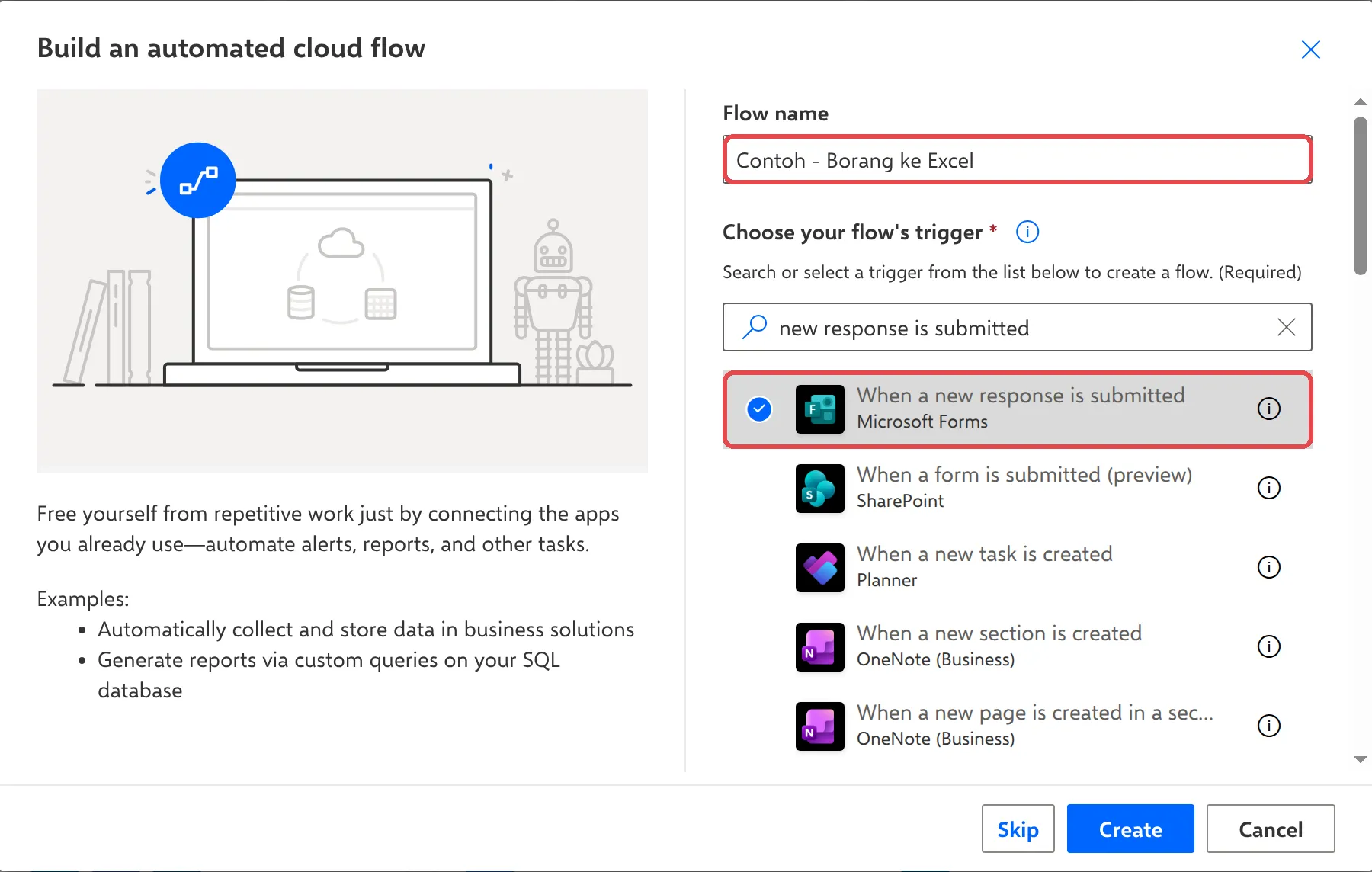 Build an automated cloud flow box with the flow name and the When a new response is submitted Microsoft Forms trigger highlighted