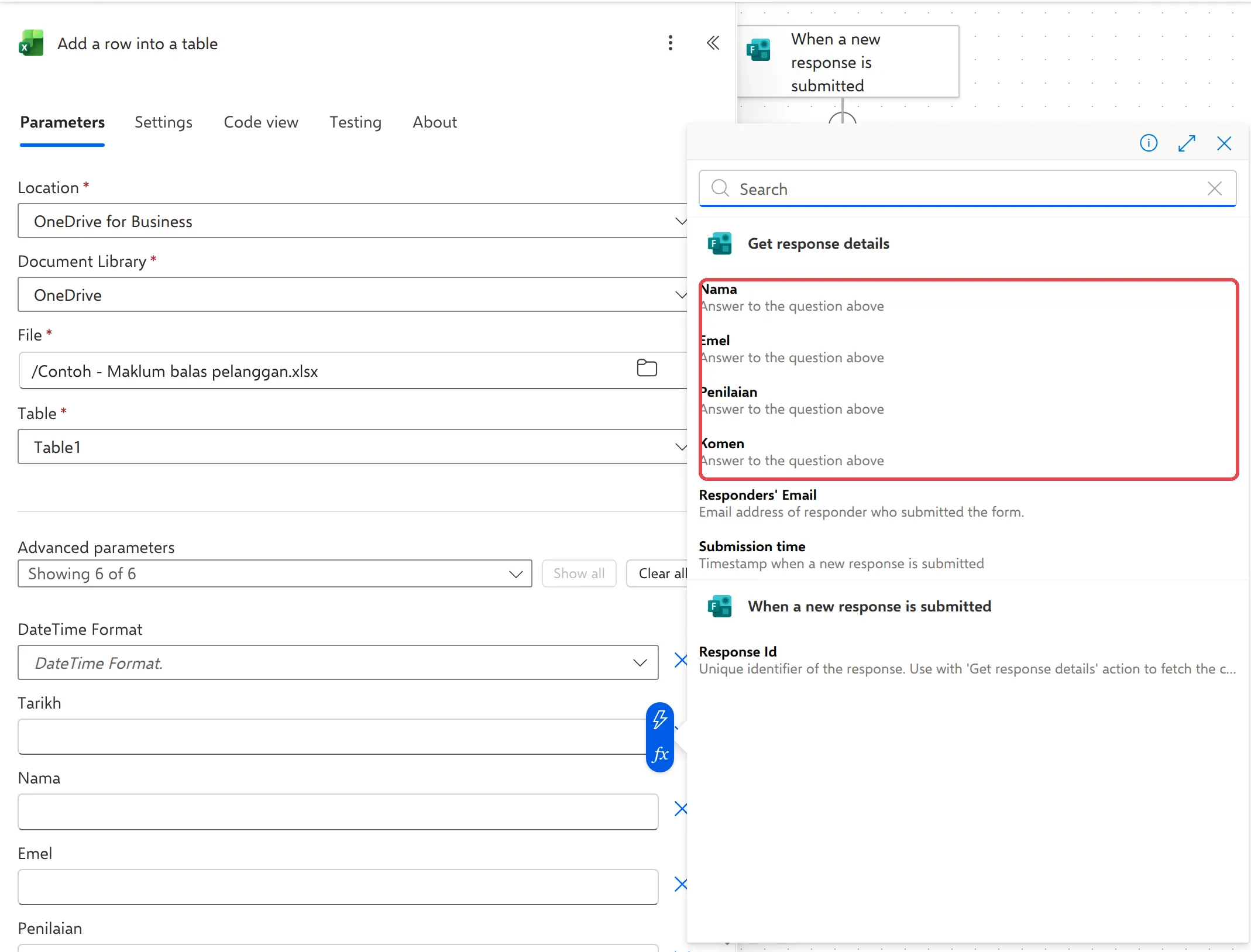 Dynamic content list under Get response details showing Nama, Emel, Penilaian and Komen, highlighted