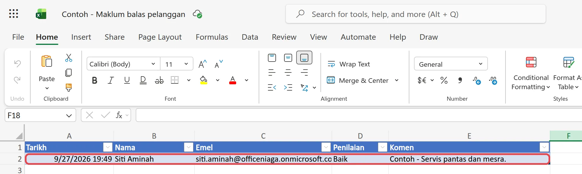 Excel table with a new row from Siti Aminah: date, name, email, Baik and a sample comment, highlighted