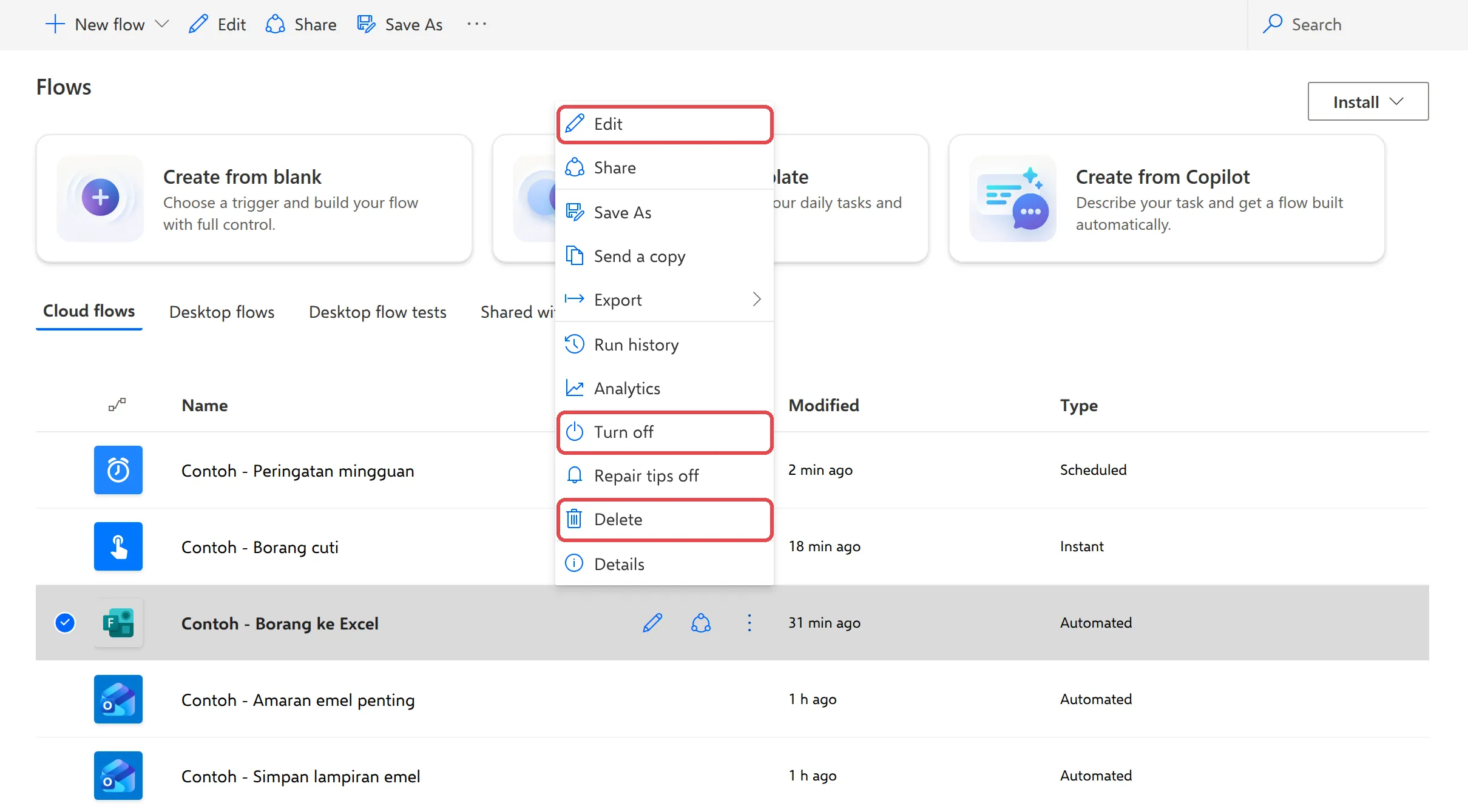 Flow menu in My flows with Edit, Turn off and Delete highlighted