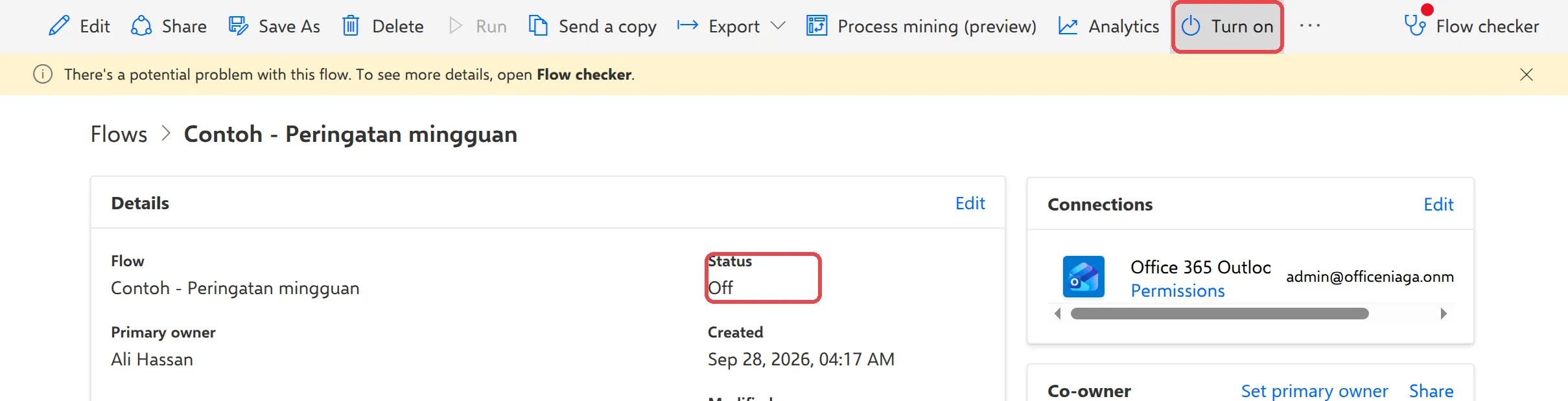 Flow details page with Status Off and the Turn on button highlighted