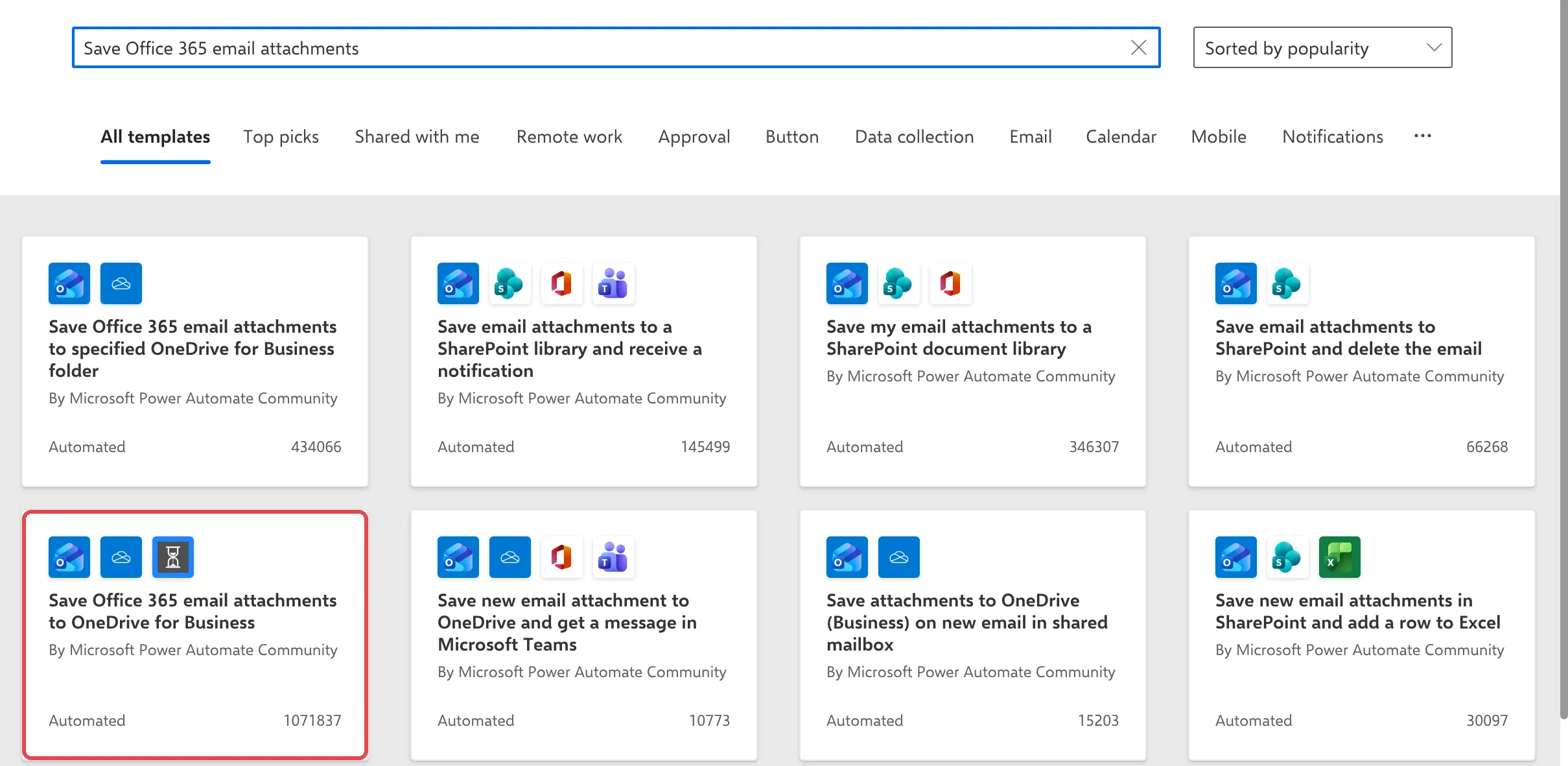 Template search results with the Save Office 365 email attachments to OneDrive for Business template highlighted