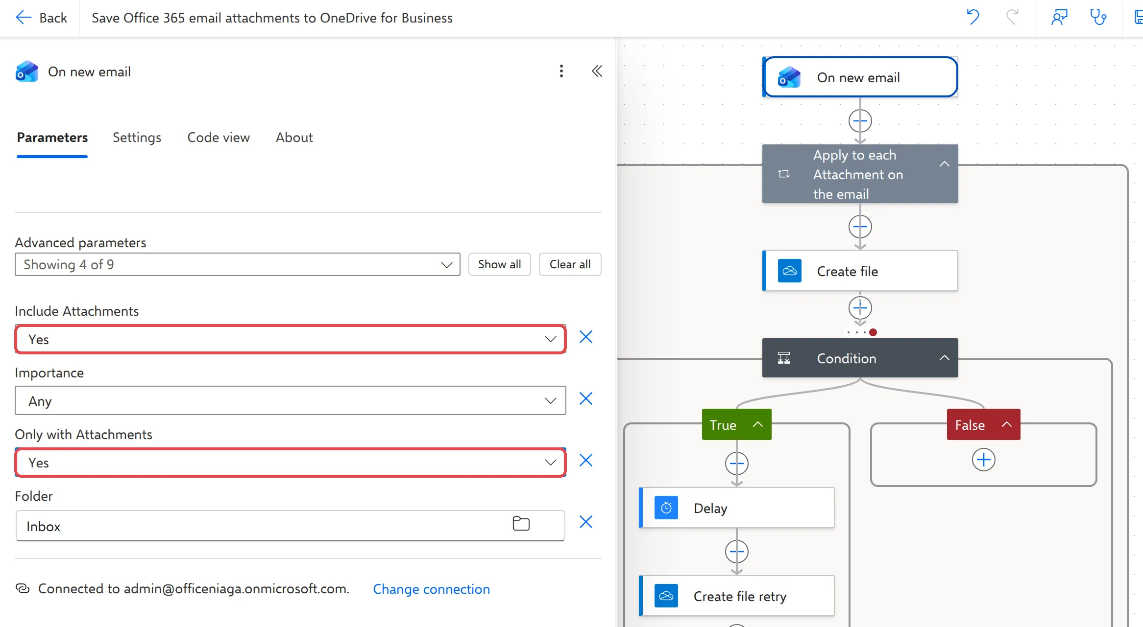 On new email step with Include Attachments and Only with Attachments both set to Yes