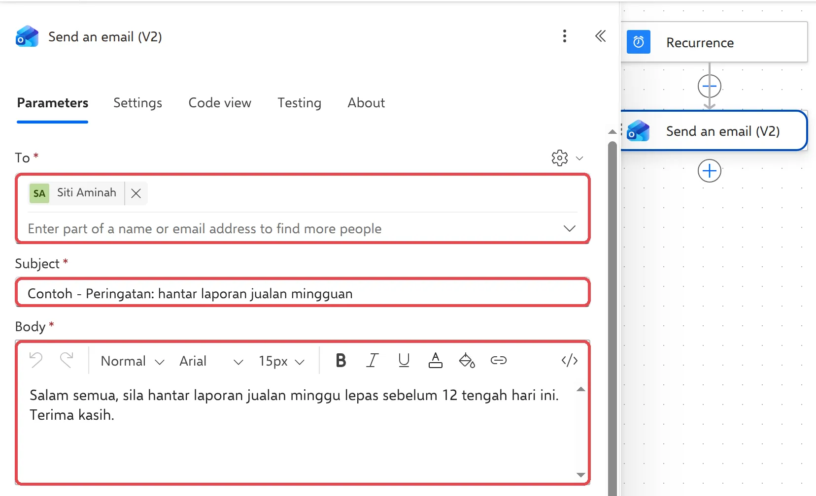 Send an email (V2) with Siti Aminah in To and a sample subject and body, highlighted