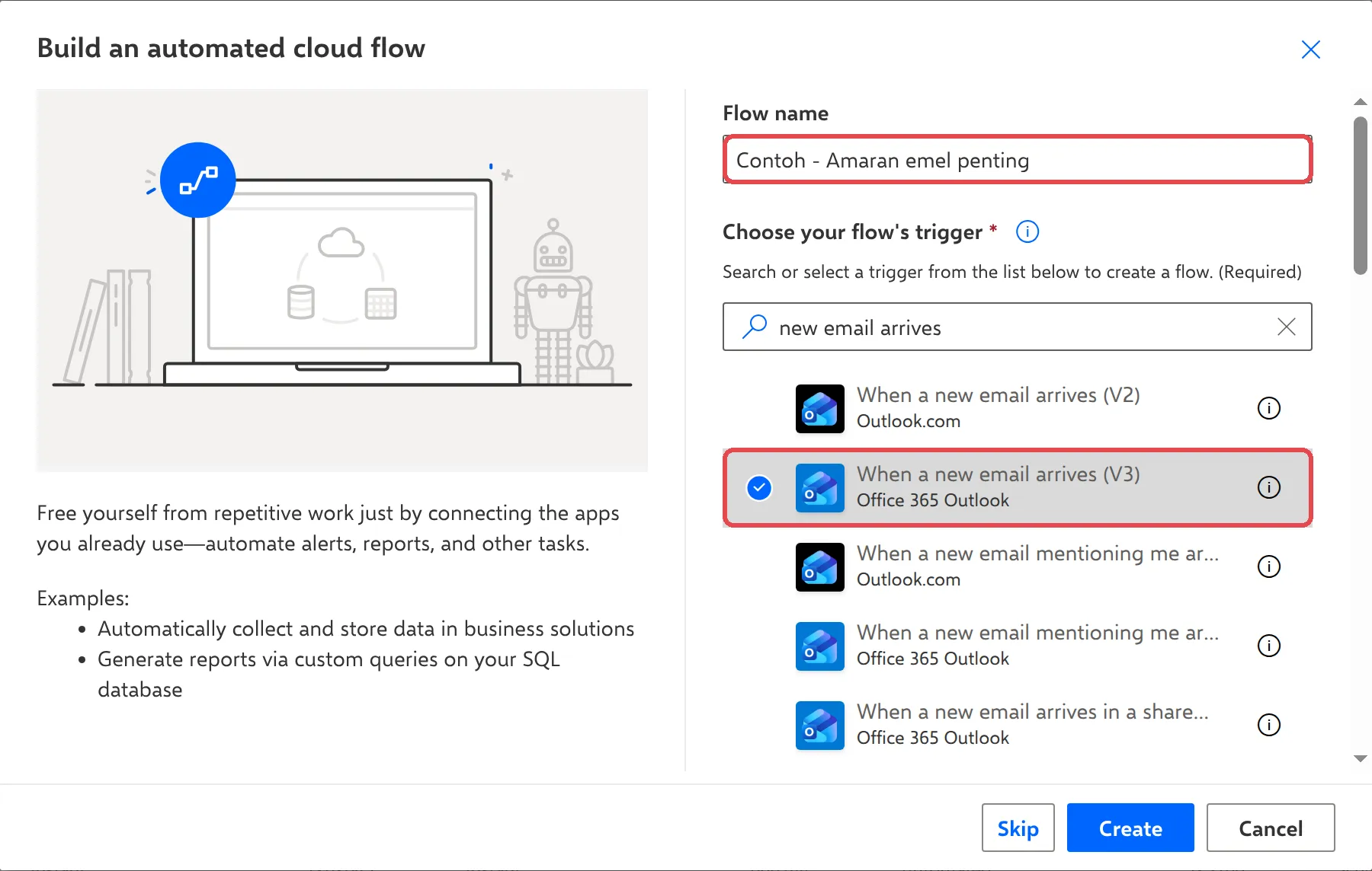 Build an automated cloud flow box with the flow name and the When a new email arrives (V3) Office 365 Outlook trigger highlighted