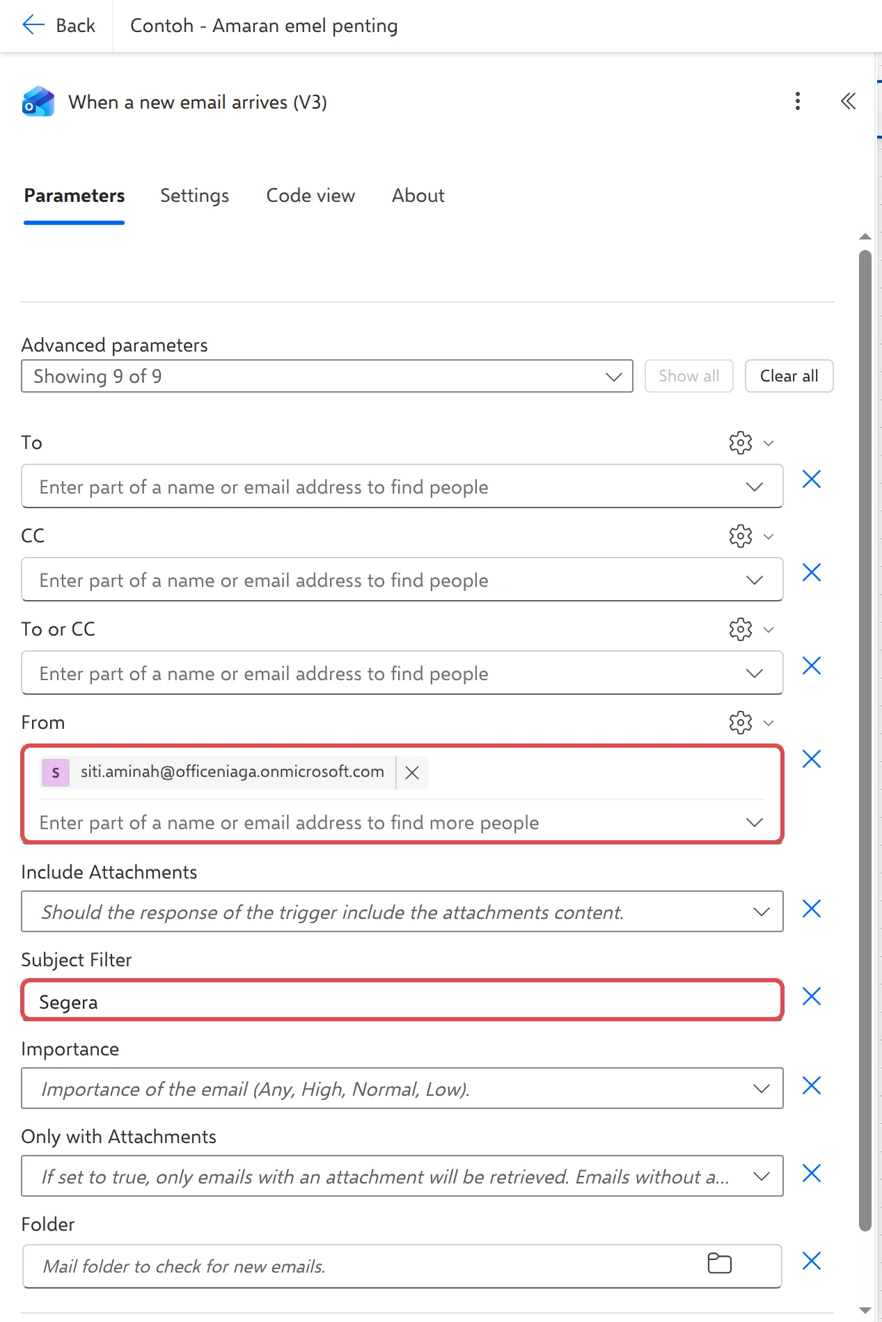 Trigger settings with the From field set to a sender and Subject Filter set to Segera, both highlighted