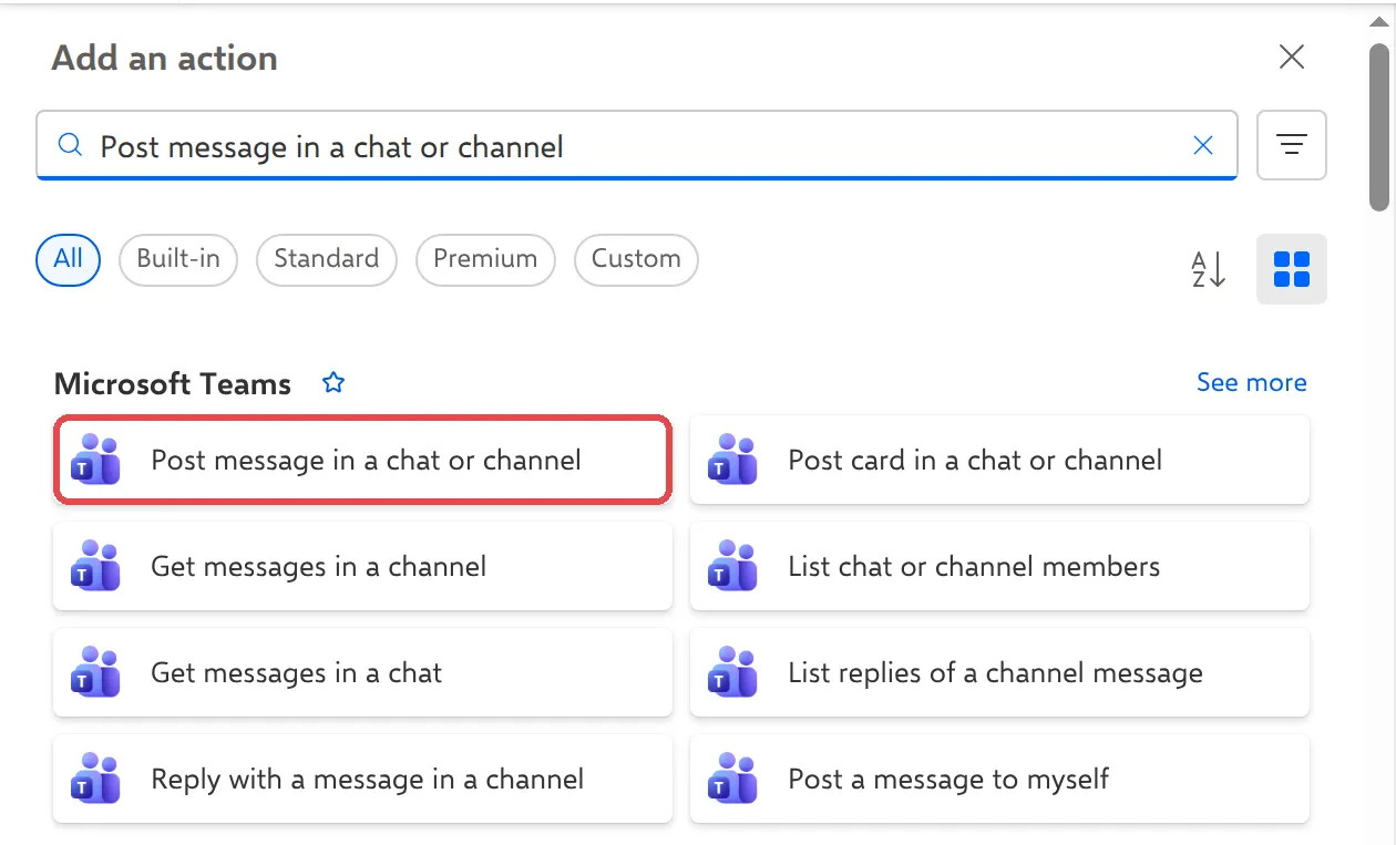Add an action panel with Post message in a chat or channel under Microsoft Teams highlighted