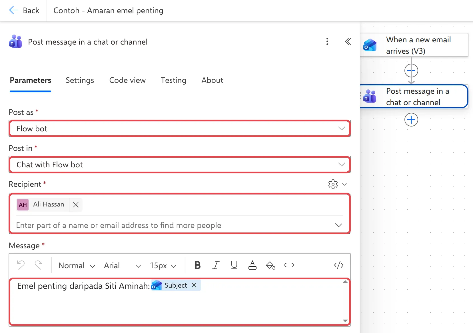 Post message in a chat or channel with Flow bot, Chat with Flow bot, the recipient and a message containing the Subject token highlighted