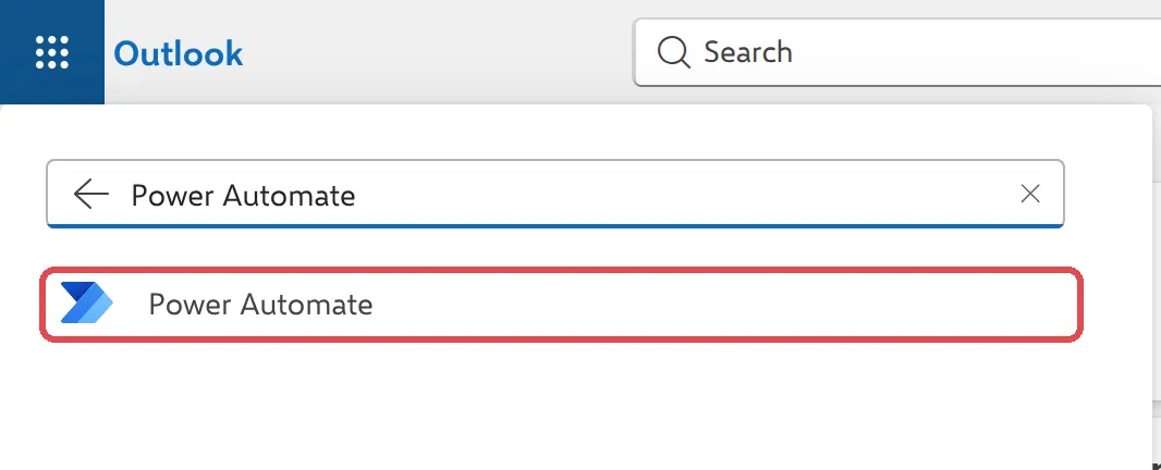 Microsoft 365 app launcher with Power Automate typed in the search box and the Power Automate result highlighted