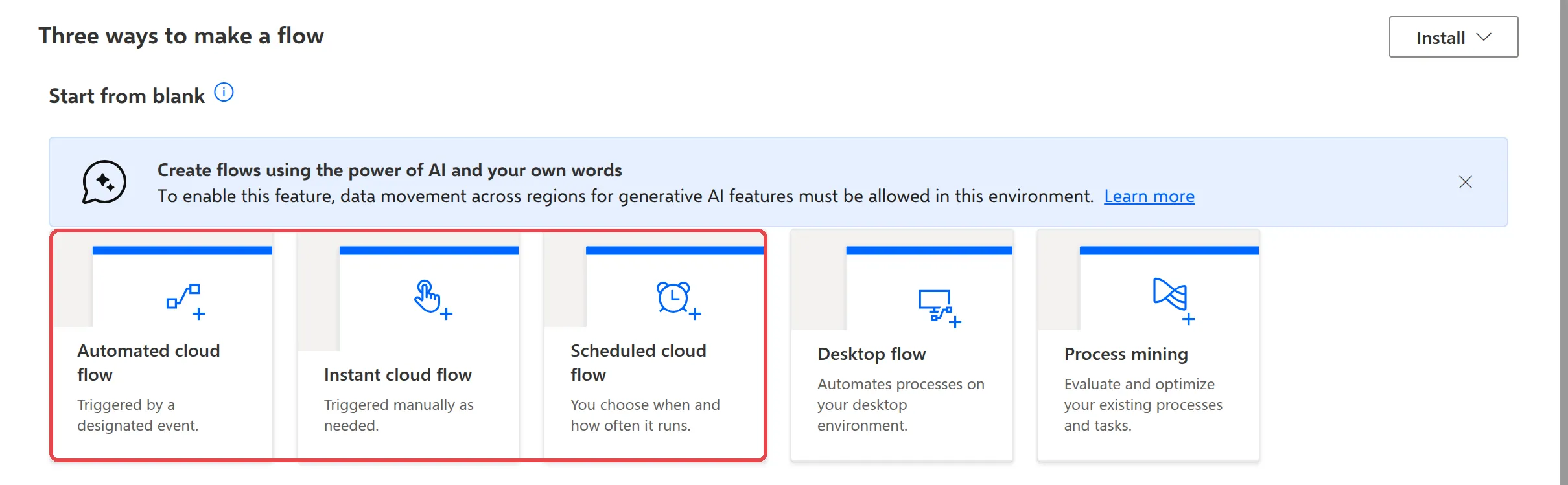 Power Automate Create page with the Automated cloud flow, Instant cloud flow and Scheduled cloud flow tiles highlighted