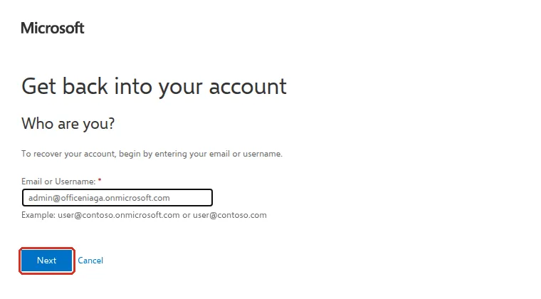Get back into your account page with the email address filled in and the Next button highlighted