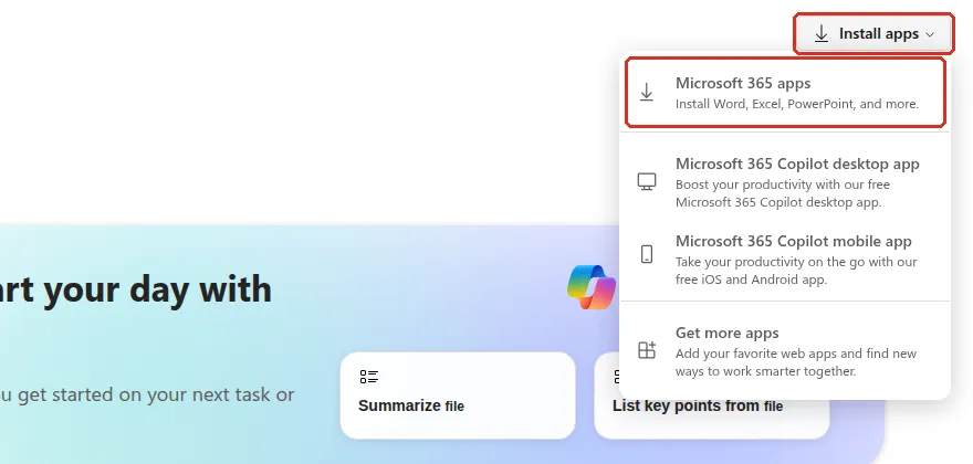 Apps page with the Install apps menu open and Microsoft 365 apps highlighted