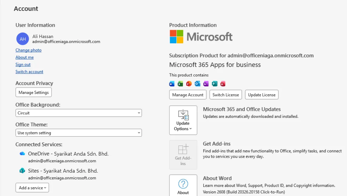 Word File > Account page showing the user’s name and work email under User Information and Microsoft 365 Apps for business under Product Information