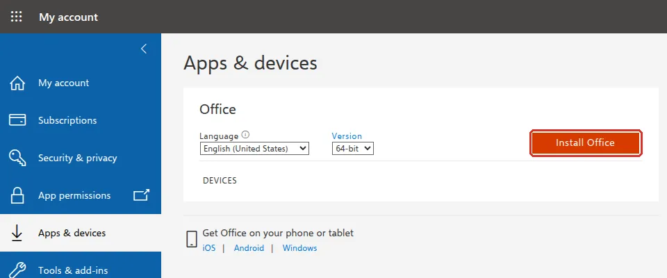 My account Apps & devices page with the Install Office button highlighted