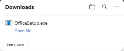 Microsoft Edge Downloads panel showing OfficeSetup.exe with the Open file link