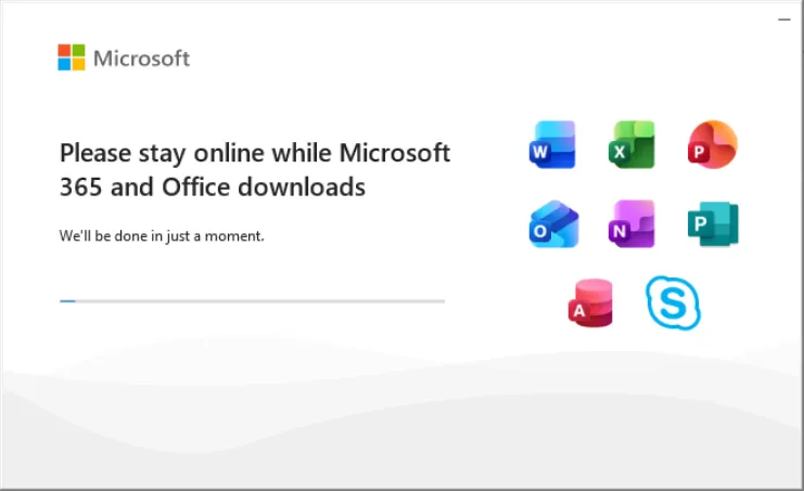 Microsoft 365 installer window saying Please stay online while Microsoft 365 and Office downloads, with a progress bar