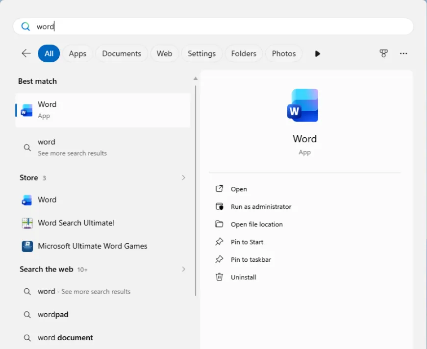 Windows Start search for word with the Word app as the best match