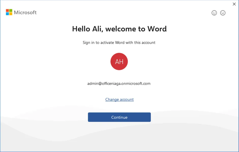 Hello Ali, welcome to Word window with the work email address, Change account link and Continue button