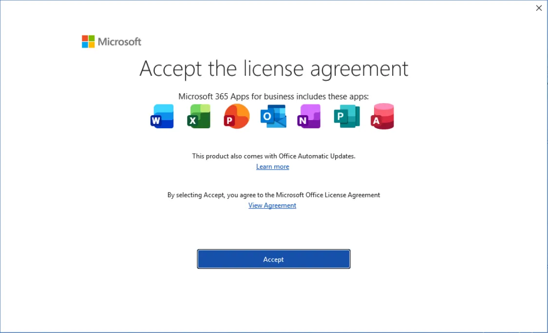 Accept the license agreement window listing the Microsoft 365 apps, with the Accept button