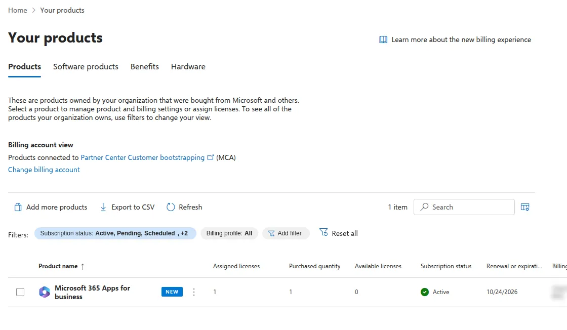 Your products page listing Microsoft 365 Apps for business with its licence numbers and renewal date
