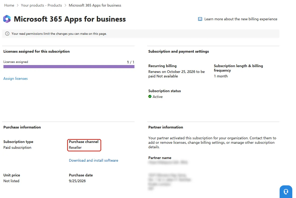 Product details page with Purchase channel Reseller highlighted and the partner name blurred