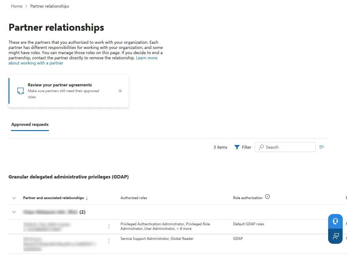 Partner relationships page with the partner names blurred