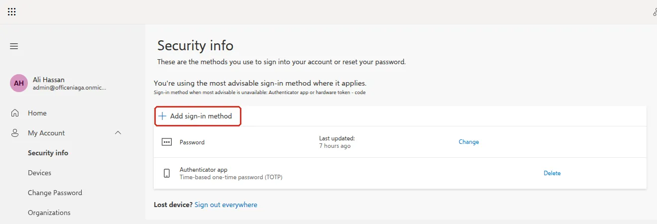Security info page with Add sign-in method highlighted