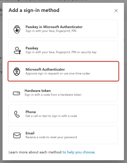 Add a sign-in method list with Microsoft Authenticator highlighted