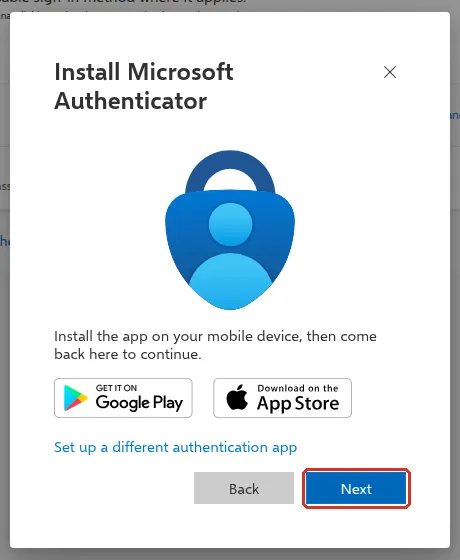 Install Microsoft Authenticator window with the Next button highlighted