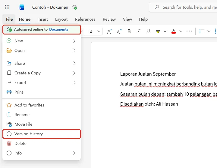 Word for the web File menu showing Autosaved online to Documents, with Version History highlighted