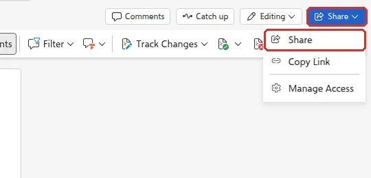 Word for the web with the Share menu open and Share highlighted