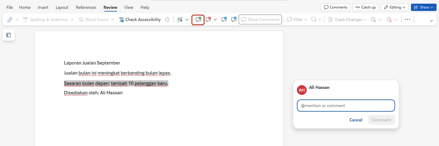 Word for the web Review tab with New Comment highlighted and an empty comment box