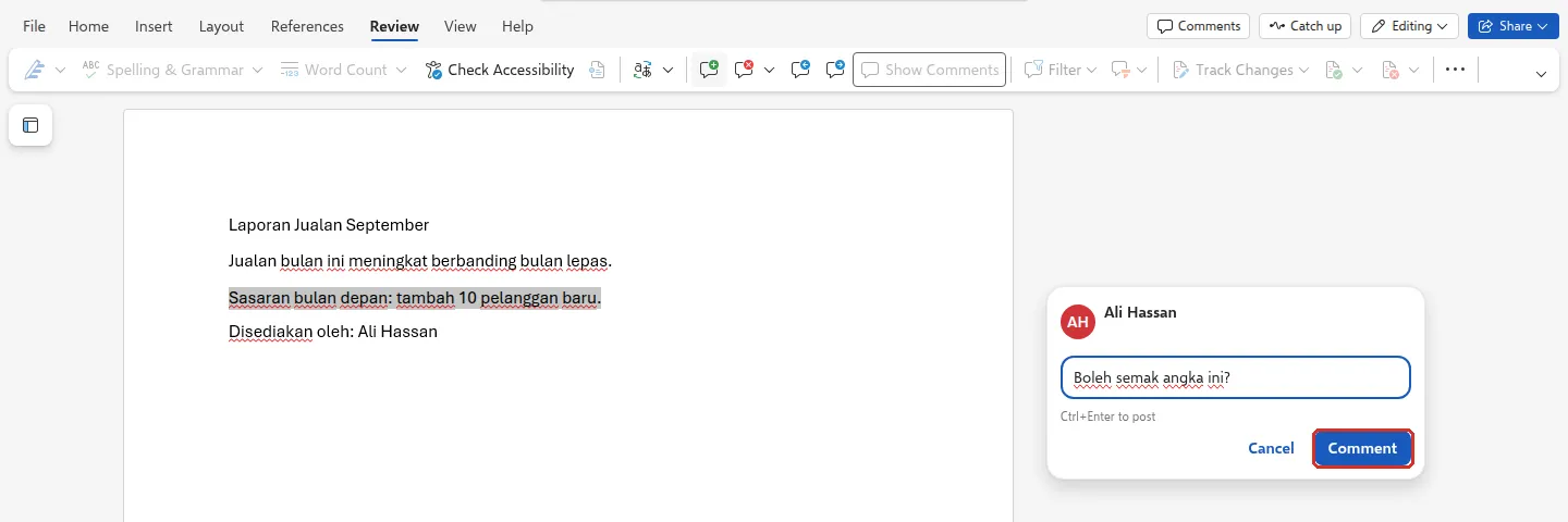 Comment box with a sample question and the Comment button highlighted