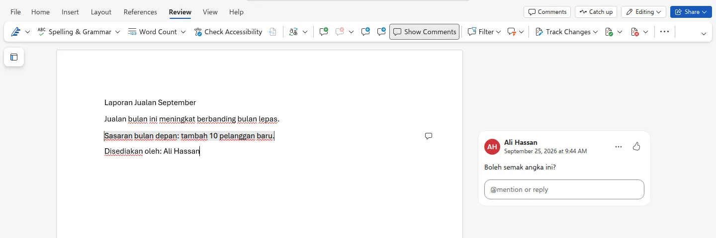 Posted comment in Word for the web with the @mention or reply box underneath