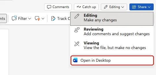 Editing menu in Word for the web with Open in Desktop highlighted