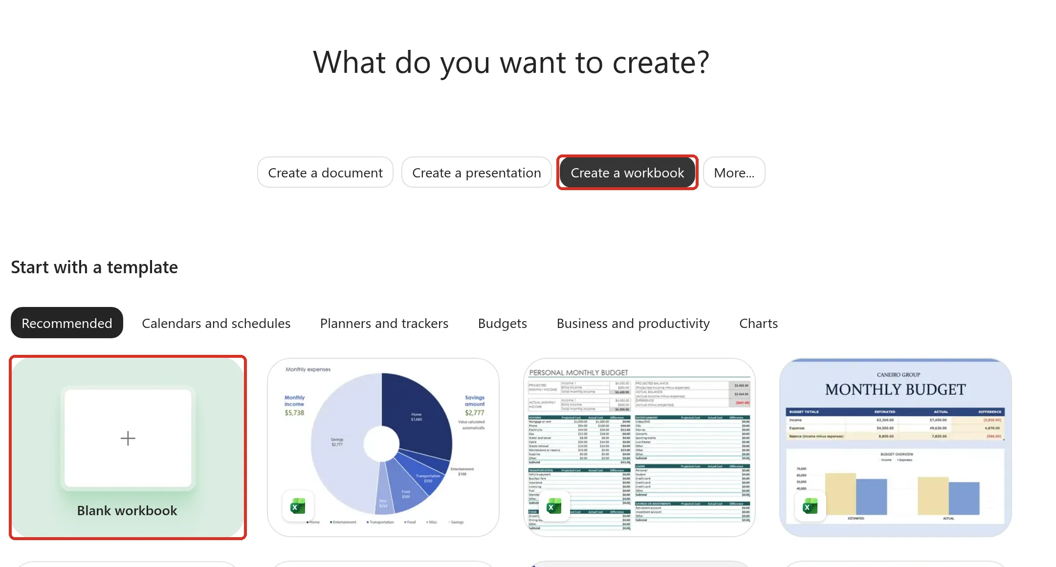 Create page with Create a workbook selected and the Blank workbook tile highlighted