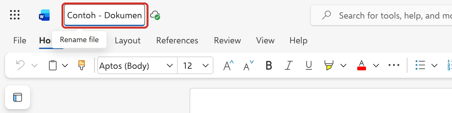 Word for the web with the file name box at the top left highlighted and a new name typed