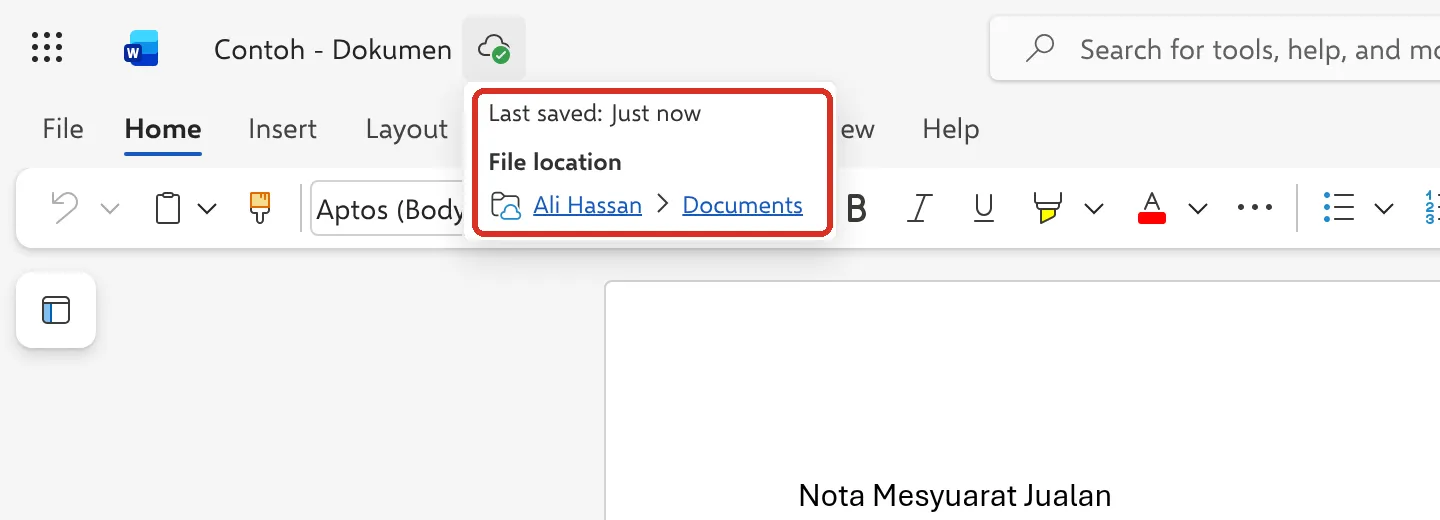 Cloud icon flyout showing Last saved Just now and the file location in Documents
